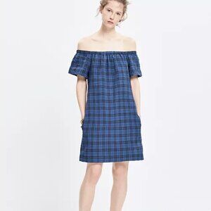 Madewell Linen blend plaid off the shoulder blue dress size 2